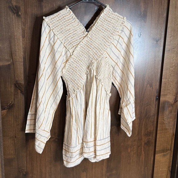 Hummingbird Criss Cross long sleeve ivory 100% rayon top blue gold pinstripe L - Picture 2 of 6
